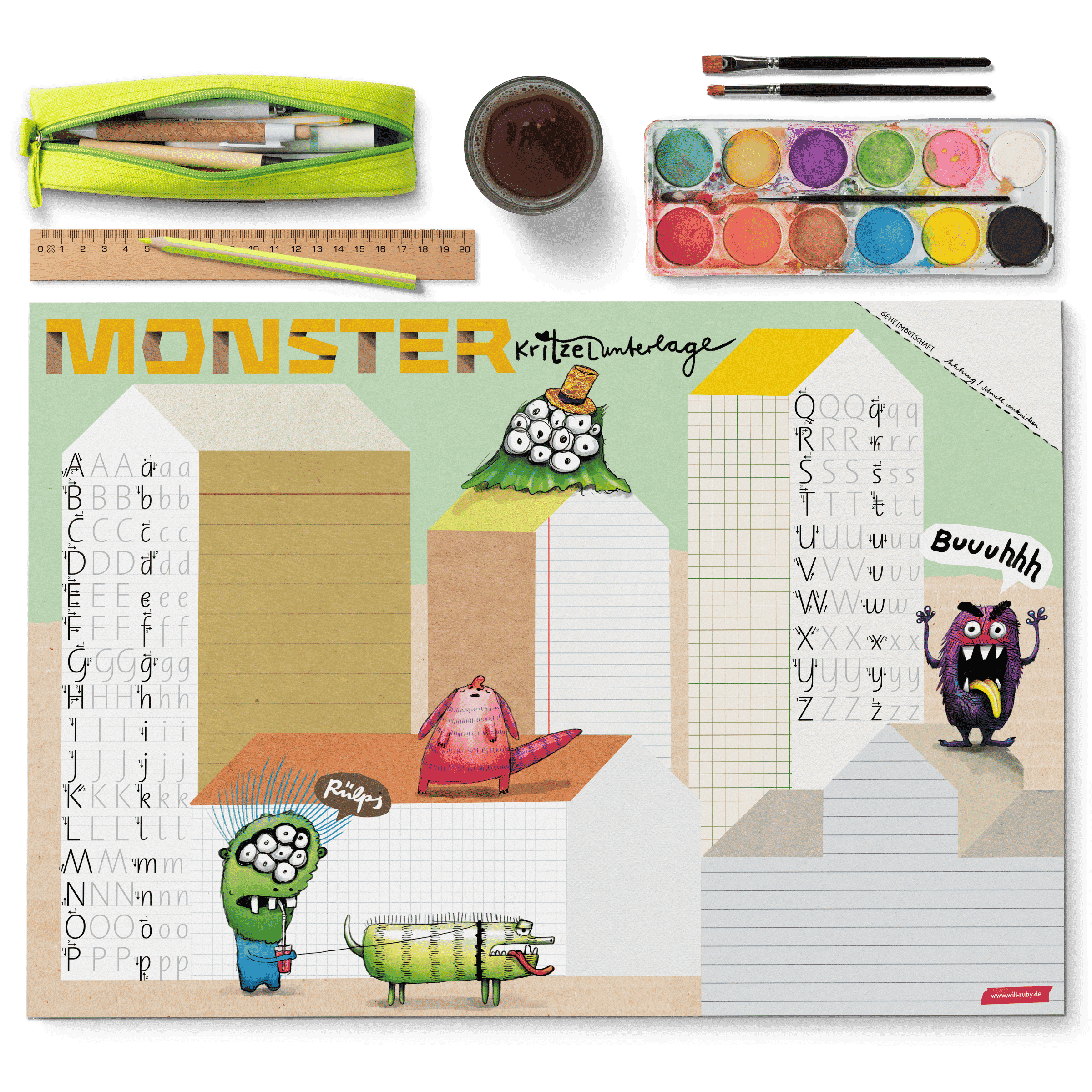Schreibtischunterlage Monster für Kinder – Kritzelunterlage mit ABC-Schreibübungen, handgemalt