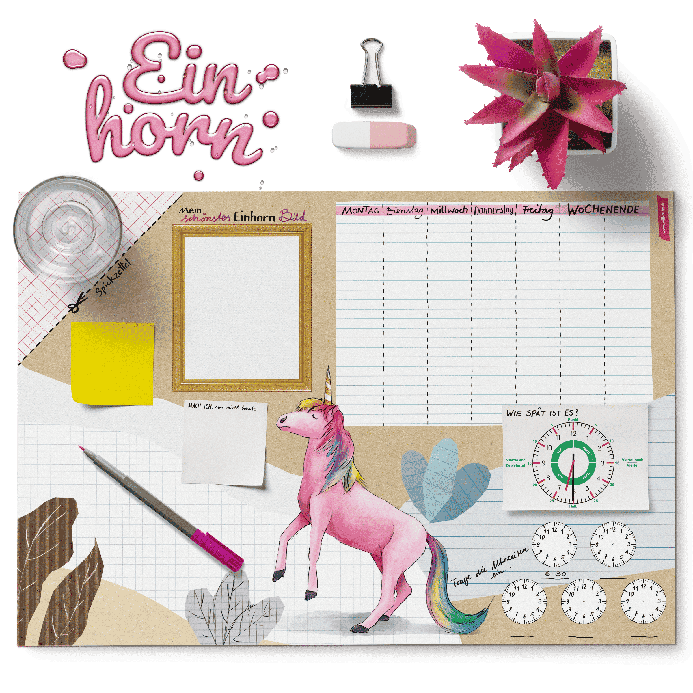 Schreibtischunterlage Einhorn für Kinder – mit Lernuhr und Wochenplan, handgemalt