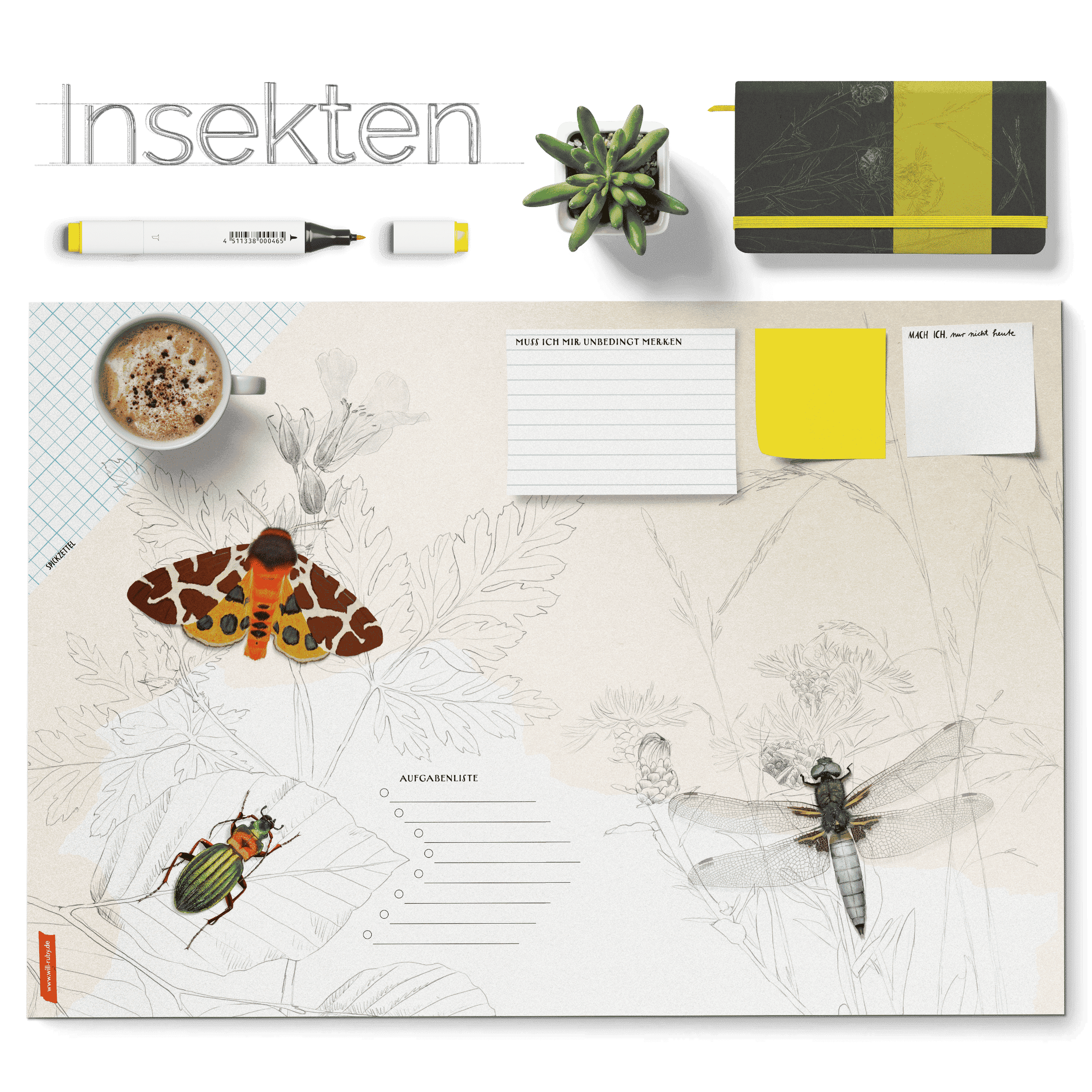 Schreibtischunterlage Insekten für Kinder – Nachtfalter, Käfer und Libelle, handgemalt