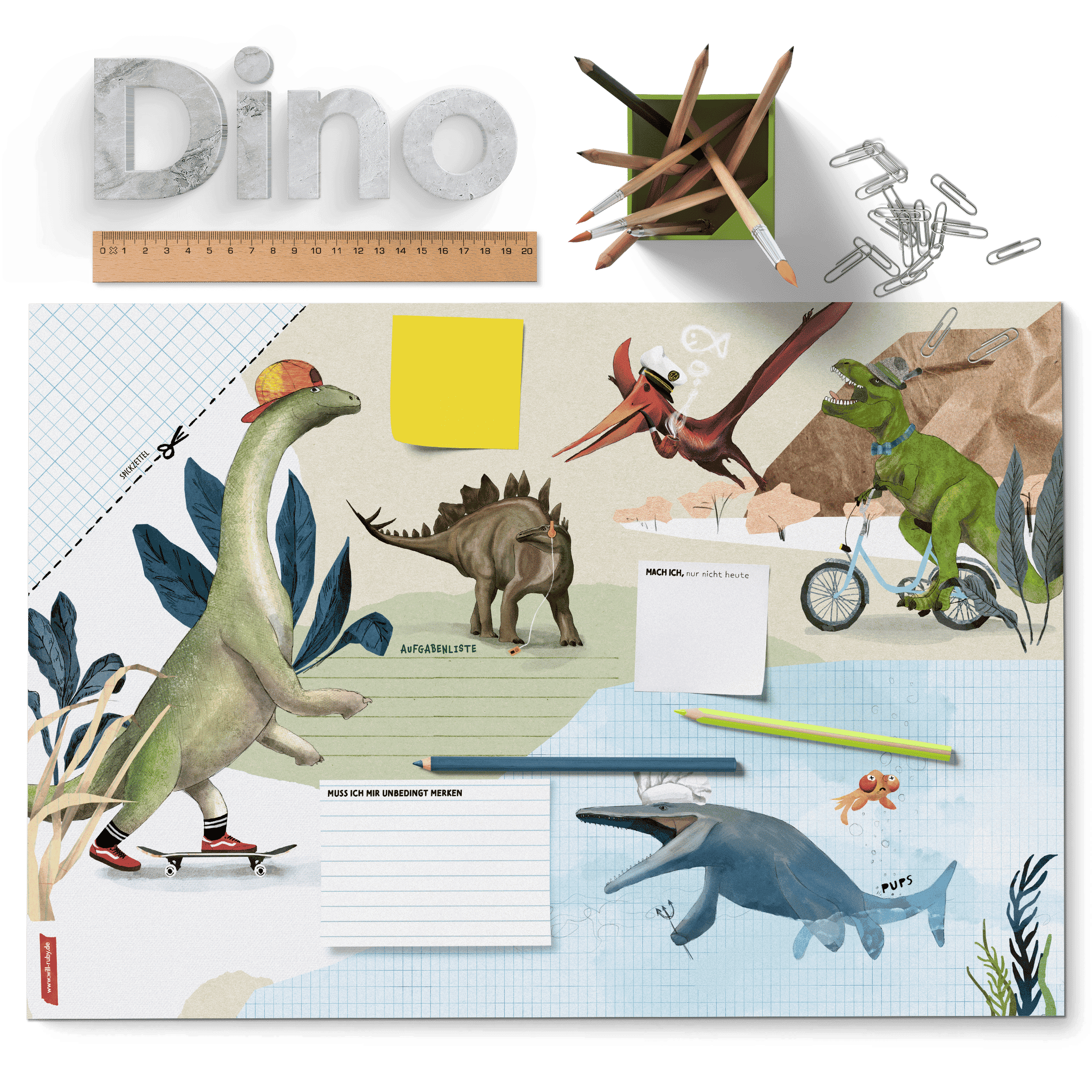 Schreibtischunterlage Dinos für Kinder – Kritzelblock mit T-Rex und Brontosaurus, handgemalt