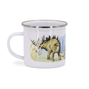 Kindertasse Dinos – Emaille-Tasse 370 ml mit T-Rex auf Fahrrad, Brontosaurus, Stegosaurus und Pteranodon, handgemalt