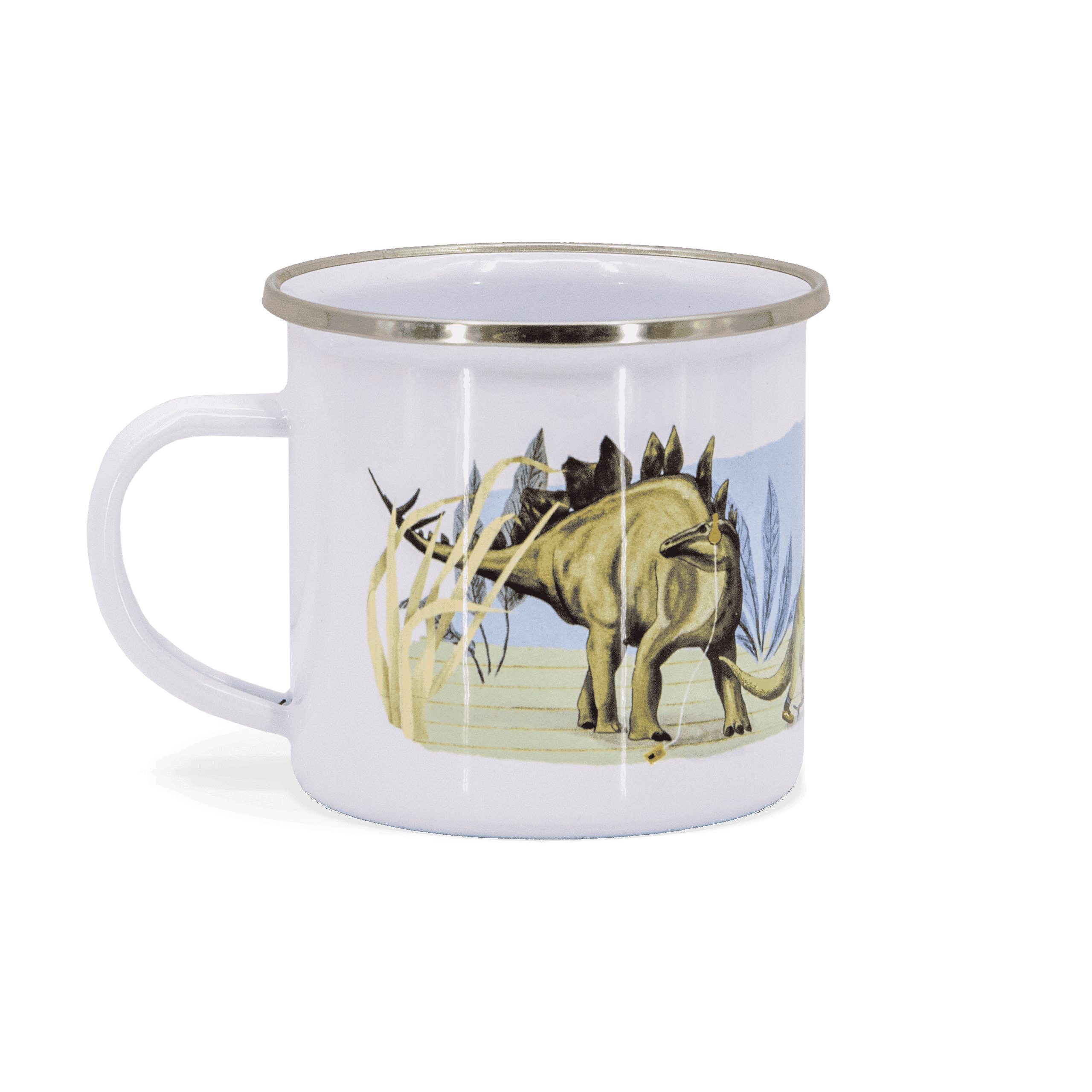 Kindertasse Dinos – Emaille-Tasse 370 ml mit T-Rex auf Fahrrad, Brontosaurus, Stegosaurus und Pteranodon, handgemalt